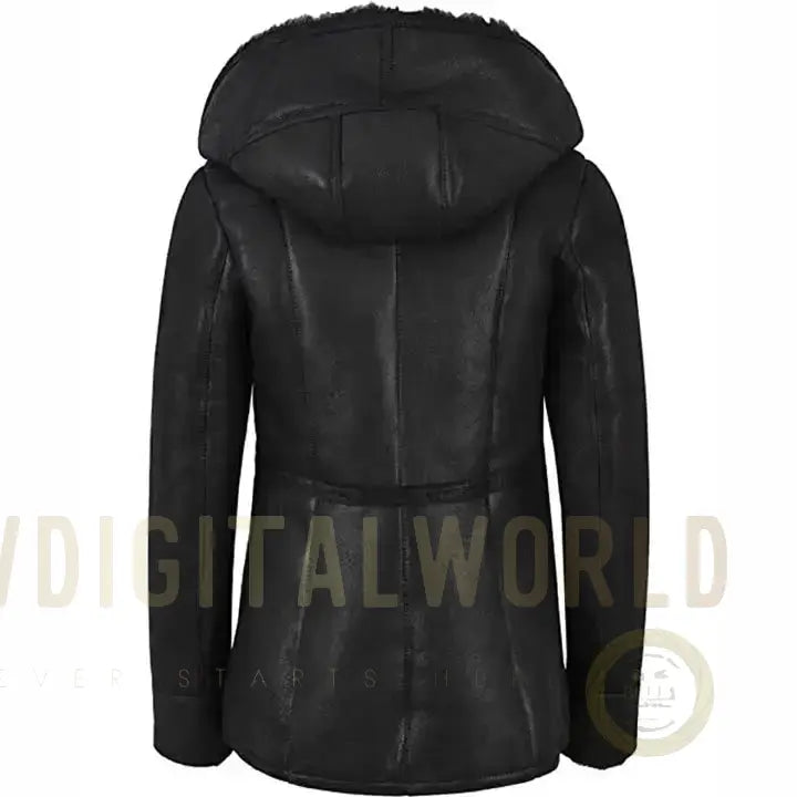 Women’s Black Leather Shearling Fur Jacket with Hood Riders Republic UK