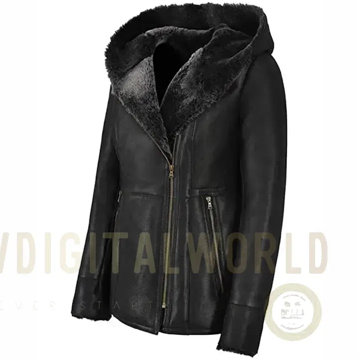 Women’s Black Leather Shearling Fur Jacket with Hood Riders Republic UK