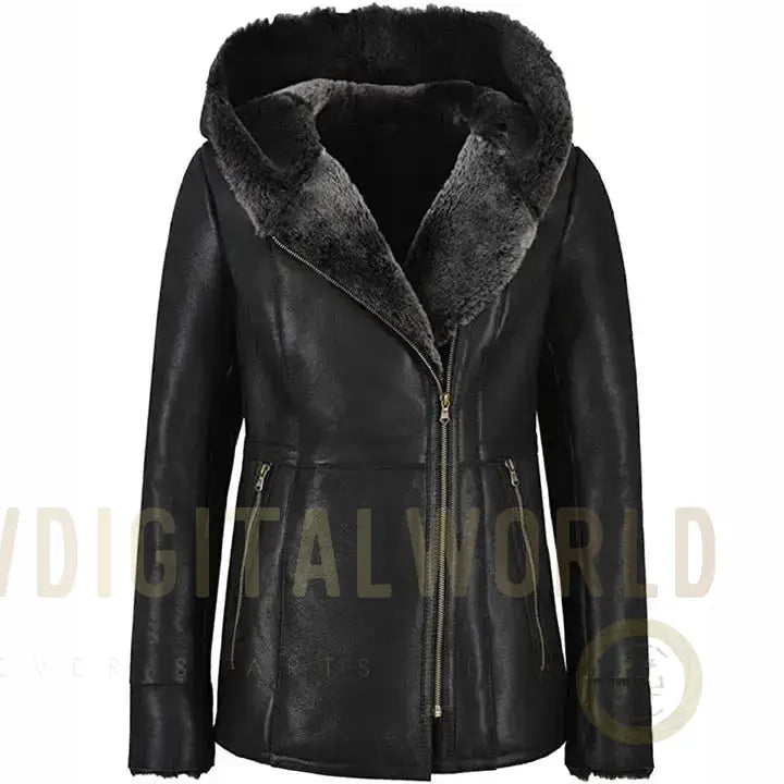 Women’s Black Leather Shearling Fur Jacket with Hood Riders Republic UK