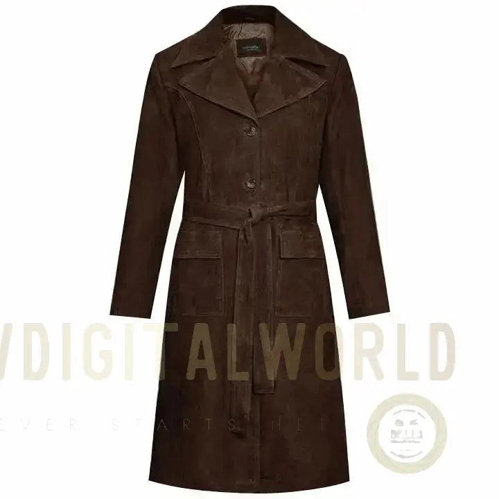 Women’s Dark Brown RAF Aviator Suede Leather Trench Coat Riders Republic UK