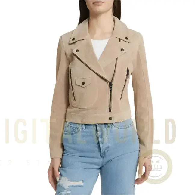 Women’s Tan Beige Suede Leather Biker Jacket Riders Republic UK