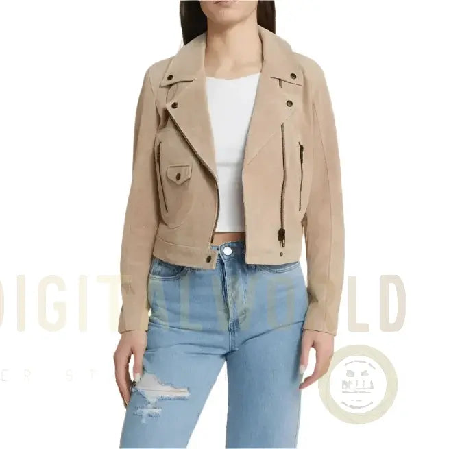 Women’s Tan Beige Suede Leather Biker Jacket Riders Republic UK