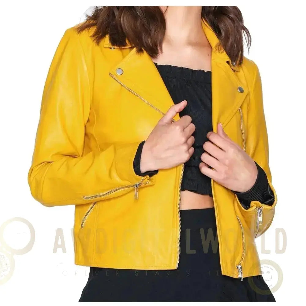 Women’s Yellow Retro Leather Biker Jacket Riders Republic UK