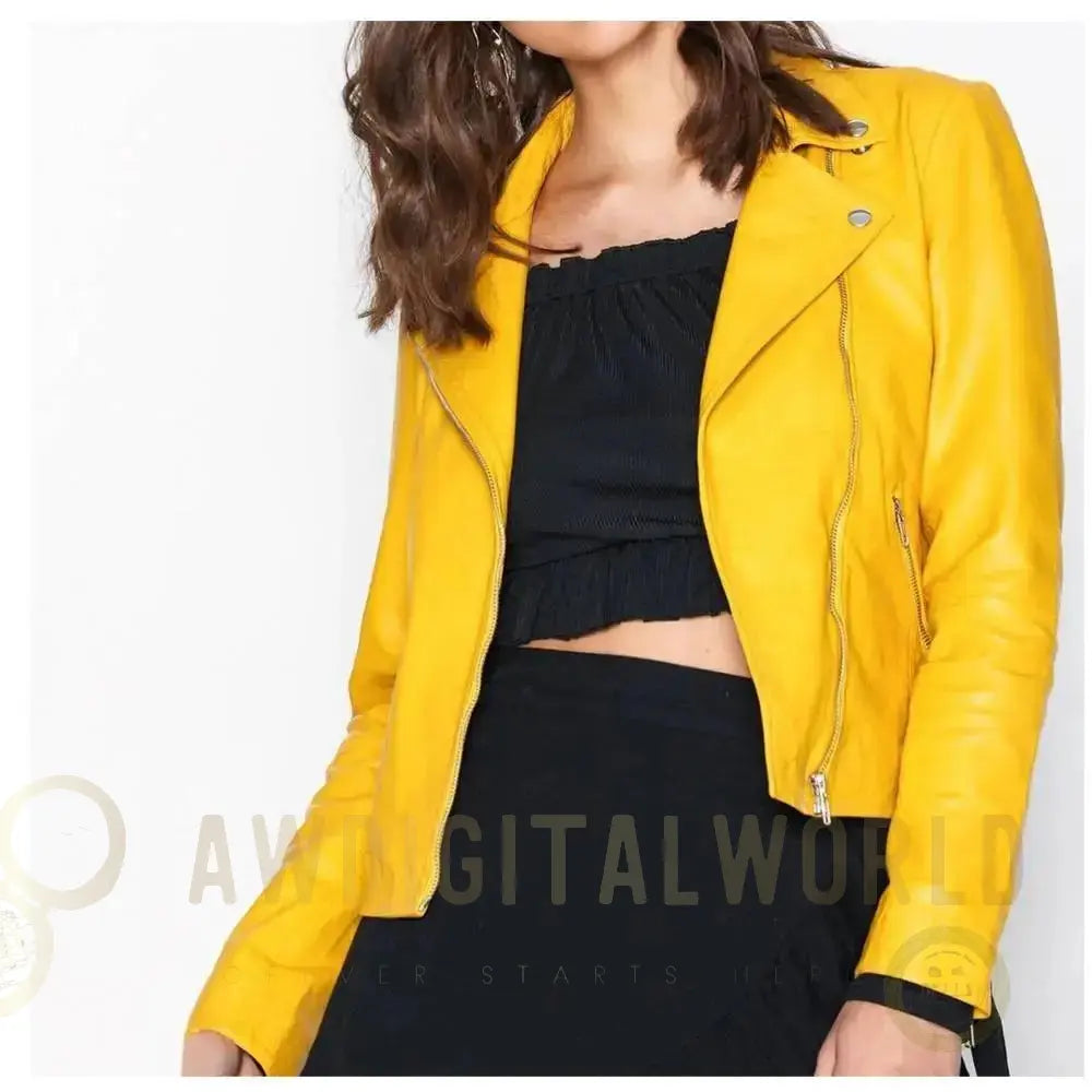 Women’s Yellow Retro Leather Biker Jacket Riders Republic UK